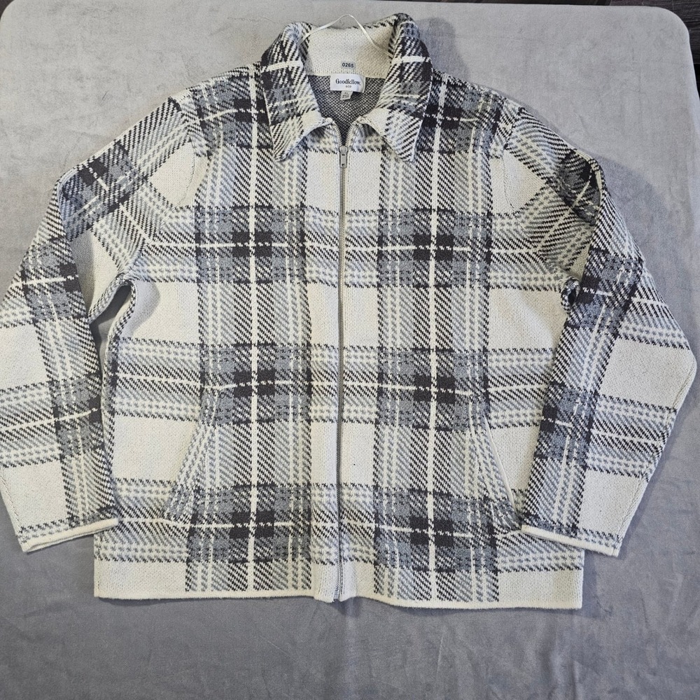 Goodfellow & Co Mens XL Full Zip Plaid Cardigan Sweater Grey White Mock Neck